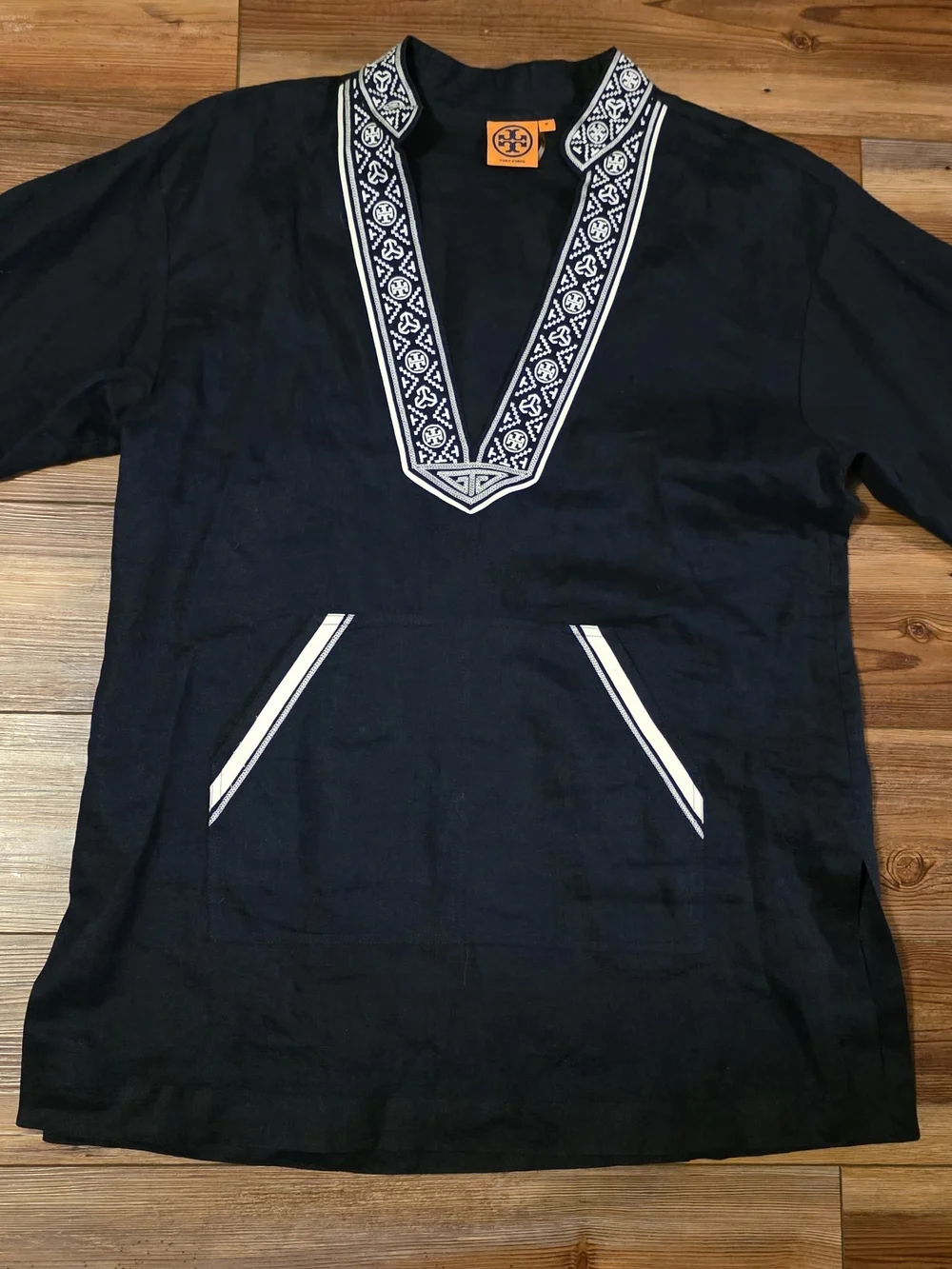 Tory Burch Linen Navy Tunic Swim Coverup with Embroidered Trim Size Medium